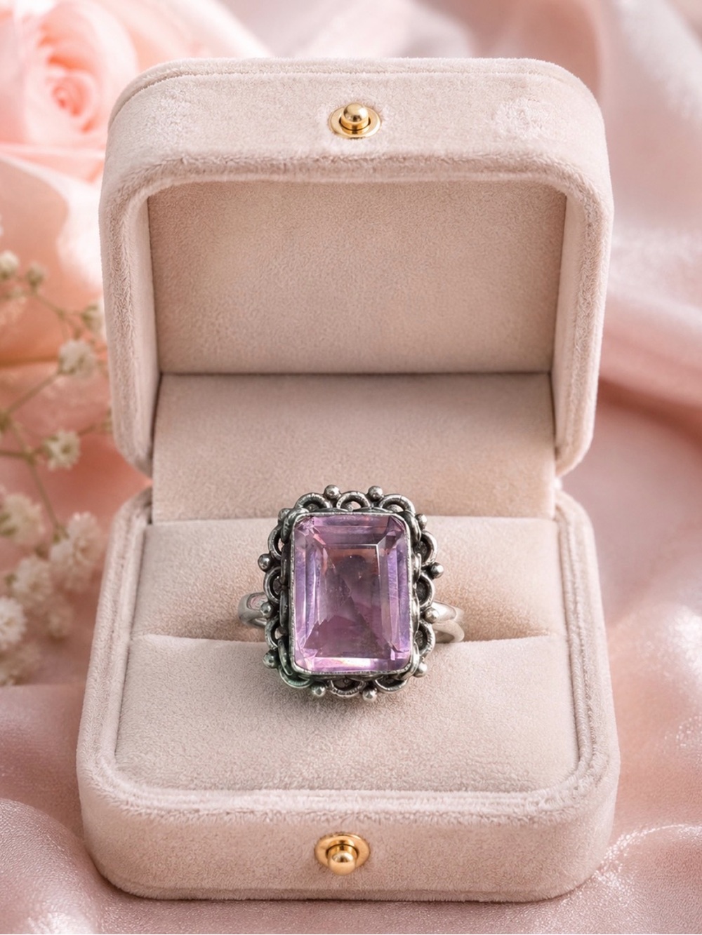 Ring Rose Quartz 925 Sterling Silver Vintage Vibes Feminine Pink Detailed